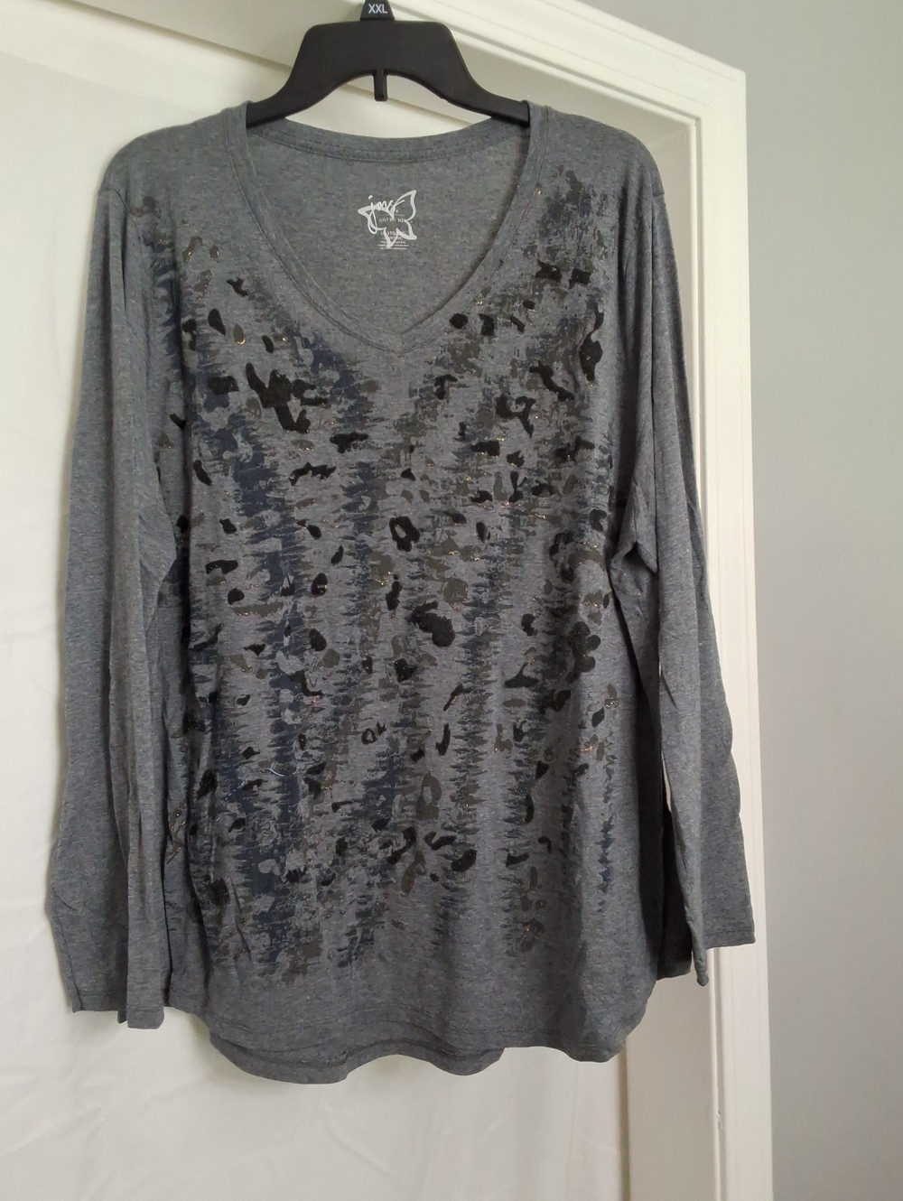 Just My Size Gray Long Sleeve V-Neck Top with Metallic Print